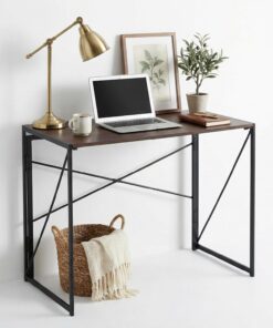 FurnitureR Escritorio plegable para computadora, tablero de MDF de estilo industrial, marco de metal negro, ahorro de espacio para apartamentos pequeños, oficina en casa, estudiantes, habitación de