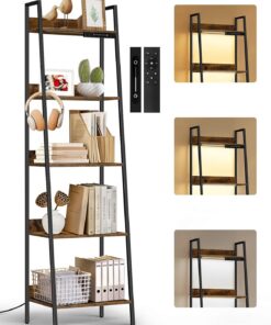 Estantería de Escalera Pequeña de 5 Niveles con Luces LED, Control Táctil y Remoto, 3 Temperaturas de Color, Librería Esquinera Alta Regulable de Metal y Madera para Salón y Dormitorio