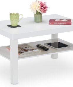 Relaxdays Mesa de Centro con Balda, 45 x 79 x 55 cm, Mesita Auxiliar Salón, MDF, Rectangular, Mesilla Sofá, Blanca