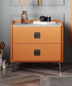 Mesita de Noche con Cajón, Losa de Roca Mesa Auxiliar, Cómoda de Noche Pequeña, Mesita Noche Moderna de Madera, Acabado en Cuero de Microfibra, for Sala de Estar, Dormitorio (Color : Orang