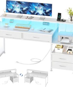 MUTUN Escritorio para computadora de 135 cm con toma de corriente, cajones de tela, color blanco | Estación de carga, reversible, 4 cajones de tela y soporte para monitor, gran espacio de almacenamiento