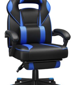 SONGMICS Silla de Oficina, Silla Gaming Ergonómica, con Reposapiés Telescópico, Respaldo Ajustable, Reposacabezas y Soporte Lumbar, Carga de 150 kg, Negro Tinta y Azul Cielo OBG073B04