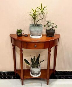 Mesa Consola de Media Luna de Madera Maciza,Mesa Consola De Entrada Vintage,Esquinas redondeadas, diseño de cajón,Exhibición Elegante,para Sala de Estar, Pasillo, Recibidor.(Teak color,60*30*80cm)