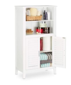 Relaxdays Armario de baño LAMELL, gabinete de teléfono, mueble de cocina, 92 x 50 x 25,5 cm, bambú, blanco