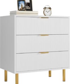 Cómoda moderna de 3 cajones, espaciosa cómoda acanalada de 3 cajones con diseño de madera y asas y patas doradas, cómoda multifuncional para dormitorio, sala de estar, pasillo, entrada y armario