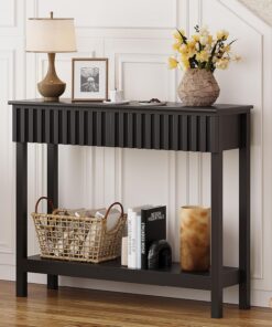 Trironsun Consola estrecha con 2 cajones y estante, moderna mesa de madera para pasillo, salón o detrás del sofá (negro, 2 cajones)
