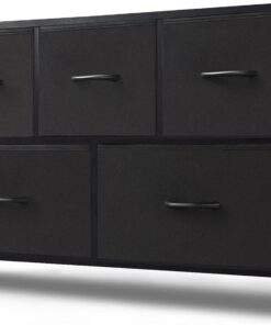 DUMOS Cómoda con cajones, cómoda y aparador para Dormitorio, Armario de 5 cajones, cómoda de Tela con Marco de Acero Estable, Ideal para Dormitorio, salón (Negro)