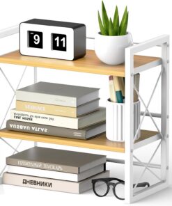 Alyoen Estantería de Escritorio de 2 Niveles, pequeña estantería de Madera y Metal, estantería de Escritorio para salón, Dormitorio, Cocina y Oficina (Color Blanco)