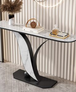 Mesa consola decorativa moderna de hierro en color dorado y negro con tablero de losa de piedra, patas con forma de hoja, mesa auxiliar estrecha para sofá, ideal para la entrada(Black 3,80cm/31.4in)