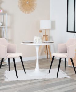 MEUBLE COSY Juegos de Mesa de Comedor Redonda con 2 Sillas Conjuntos de Mueble de 3 Piezas, Estructura de Acero para Cocina y Salón, Madera de ingeniería, Blanco + Beige, 80x80x73/48x54,5x80 cm