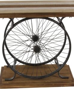 Deco 79 Mesa Consola de Madera para Bicicleta con Listones Anchos y Marco de Doble Rueda y Base escalonada, 39" x 12" x 25", marrón