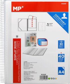 MP – Carpeta Clasificadora con Espiral, 40 Fundas de Plástico Transparentes A4, 24x31cm, Goma de Cierre, Portada Personalizable, Uso Académico, Oficina, para Organizar Documentos y/o Archivos.