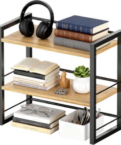 Organizador de escritorio para libros, mini estantería de escritorio, estantería de almacenamiento para estantería de escritorio, estantería de 2 niveles, estantería pequeña de madera y metal, para