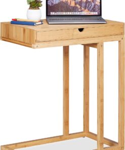 Relaxdays Mesa Auxiliar de bambú con cajón Grande, Moderno, 68 x 55 x 35 cm, Marrón