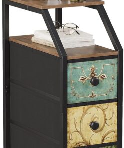 VEDECASA Cómoda de tela con 3 cajones, cómoda estrecha con estante superior, gabinete de almacenamiento delgado para dormitorio, sala de estar con diseño floral vintage, marco de acero resistente y