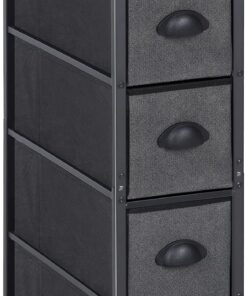 LIANTRAL Cómoda vertical delgada con 4 cajones de tela, torre de almacenamiento de gran capacidad para dormitorio, sala de estar, baño, entrada, espacio estrecho, negro y gris oscuro