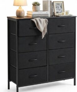 FurnitureR - Cómoda de 8 cajones de Gran Capacidad, Estilo Industrial, Marco metálico con Bandeja de Madera, Armario de Almacenamiento con cajones de Tela Negra, para Sala de Estar, Dormitorio