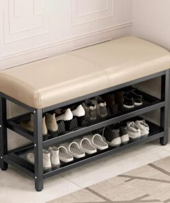 Banco de Zapatos de Entrada, Banco de Almacenamiento con Cojín de Asiento de Cuero, Estantes Abiertos, Estructura de Acero, Zapatero para Entrada, Pasillo, Dormitorio (Color : Beige, Size : 2