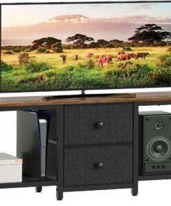 YATINEY Mueble para TV, Soporte para Televisor de hasta 55", Mueble Multimedia con Estantes y 2 Cajones, Marco de Metal, para Salón, Dormitorio, 120 x 30 x 50 cm, Marrón Rústico y Negro XDS02BR