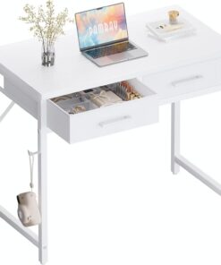 PAMRAY 80x40cm Escritorio pequeño con 2 cajones, Ideal para Dormitorio, Estudio, Escritura, hogar y Oficina, Espacios pequeños, Blanco