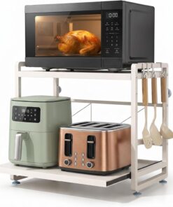 Soporte Ajustable para Microondas Blanco con Bandeja Extraíble, Estante Extensible Antideslizante con Ventosas, Organizador de Cocina Firme, Alta Resistencia y Gran Capacidad de Carga