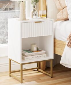 HEYZOEY® Mesita de Noche con cajón, Mesa Auxiliar de 40 cm de Ancho con Compartimento Grande, mesita de Noche Moderna para Dormitorio, salón u Oficina (Acabado Blanco con Ranuras)