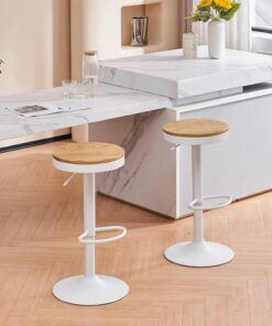 YOUNIKE Taburete de Bar Juego de 2 Taburetes de Bar de Madera Silla de Bar Alta Estructura Metálica Giratoria 360° con Reposapiés Industrial Blanco
