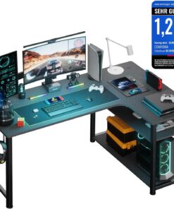 COMHOMA Escritorio de Juegos en Forma de L, Escritorio de Esquina con estantes de Almacenamiento, Mesa de Ordenador con Puerto de Carga USB y Toma de Corriente (Negro-100CM)