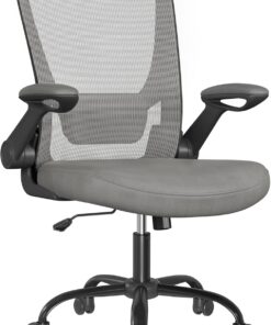 SONGMICS Silla de Oficina, Silla de Escritorio de Malla, Silla Giratoria Ergonómica, Soporte Lumbar, Oscilante, Asiento de 53 cm, Apoyabrazos Abatibles, Gris Pizarra OBN037G01