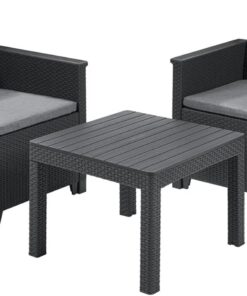 Keter Emma Conjunto de jardín o terraza Exterior 2 plazas y Mesa con Cojines incluidos, Resina con Acabado ratán Plano, Color Grafito