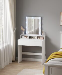 WestWood Moderno tocador LED con espejo Hollywood, escritorio de maquillaje con cajones y estantes abiertos, mesa de maquillaje blanca con bombillas para dormitorio