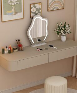 Tocador Flotante de Madera Maciza con cajones, Mesa de Maquillaje montada en Pared Totalmente ensamblada,Escritorio con Esquinas Redondeadas,Solo Mesa(Khaki+Wood Top,60cm/23.6in)
