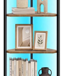 VASAGLE Estanteria Esquinera de 6 Niveles, Librería con Iluminación LED Ajustable, Estantería con Marco de Acero, 24,8 x 48 x 182,1 cm, para Salón, Dormitorio, Estudio, Marrón Rústico LBC591KD01