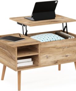 Furinno Jensen Mesa de Centro Elevable con Patas de Madera, Compartimento Oculto y Estante Lateral Abierto para Salones, Roble Flagstaff