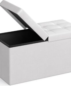 SONGMICS Puff Almancenaje, Banco Almacenaje, Banco con Tapa Plegable, Capacidad de 89 L, con Asiento Acolchado, 38 x 76 x 38 cm, Blanco LSF45WT