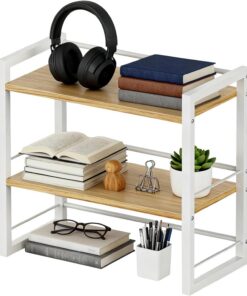 Organizador de escritorio para libros, estantería de 2 niveles, estilo rústico, estantería de almacenamiento para escritorio, estantería pequeña de madera y metal
