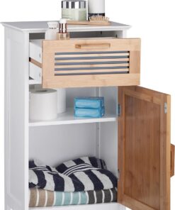 Relaxdays Armario de baño, Estrecho, Natural, Altura Ajustable, MDF, Blanco, 70x40x28,5 cm