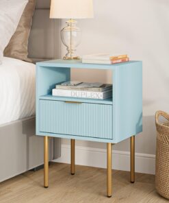 HEYZOEY Mesita de Noche, mesita de Noche Moderna, Estilo Bohemio, para Dormitorio, salón, Azul (1 Estante Abierto y 1 cajón)