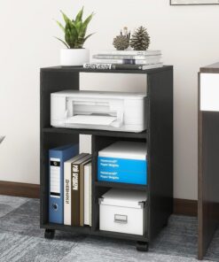 PUNCIA Mueble para Impresora Mesa Auxiliar Oficina con Ruedas 50 x 40 cm | Organizador Archivador con 4 Estantes Ajustables Abiertos Armario Móvil para Documentos A4 Carro de Despacho Estudio Negro