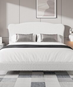 Marco de cama doble de lujo, cama tapizada de terciopelo con cabecera festoneada, listones de madera resistentes, sin ruido, fácil montaje, muebles de dormitorio, beige