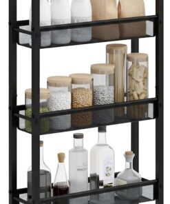 Carro para nichos Relaxdays, 77 x 13 x 45,5 cm, estantería Estrecha para baño y Cocina, 4 Niveles, con Ruedas, Negra