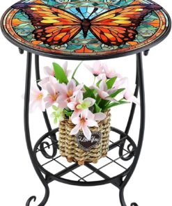 Mesa de Patio Exterior Mesa de Bebidas Metálica con Estampado Animales | Mesita de café para patio para Terraza Exterior, Balcón, Jardín, Patio, Salón, Dormitorio y Plantas