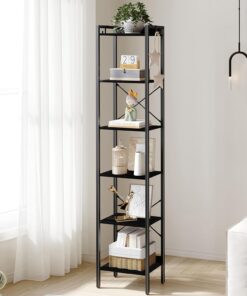 Hzuaneri Estantería para libros, estantería industrial con 2 ganchos, organizador de almacenamiento para oficina en casa, sala de estar, dormitorio, cocina, 6 niveles, color negro BC10704B