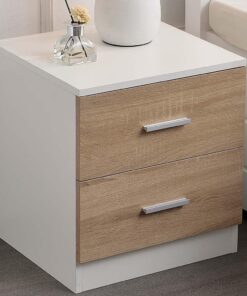 BAKAJI Mesita de Noche para Dormitorio, Armario con 2 cajones, asa de Metal, diseño Moderno, de Madera MDF, Mueble para el hogar, tamaño 44 x 40 x 38 cm, Color Blanco y Roble (2 cajones)