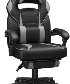 SONGMICS Silla de Oficina, Silla Gaming Ergonómica, con Reposapiés Telescópico, Respaldo Ajustable, Reposacabezas y Soporte Lumbar, Carga de 150 kg, Negro Tinta y Gris Paloma OBG073B03