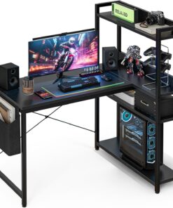Grandder Escritorio para computadora en forma de L de 100 cm con estantes de almacenamiento reversibles, escritorio de esquina para oficina en casa, mesa de estudio con gabinete, estudio, color negro