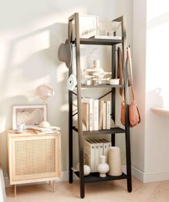 YMYNY 125CM Librería, Estantería de Escalera con 4 Ganchos, Estantería de 4 Niveles, para Salón Dormitorio Cocina Oficina en Casa, Estilo Industrial, Marco de Metálica, Negro HBC024B