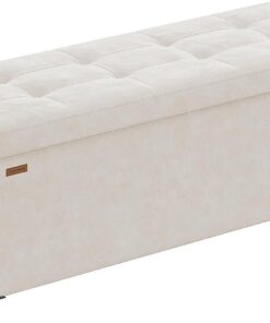 SONGMICS Puff Almacenaje, Banco Plegable, 38 x 110 x 40 cm, Reposapiés, 112 L, Superficie de Terciopelo, para Dormitorio, Sala de Estar, Dormitorio, Beige Capuchino LSF0518W02