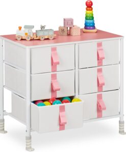 Relaxdays Cómoda Infantil, 6 Cajones de Tela, Cajonera Habitación Juguetes, Niños, 61,5 x 68 x 40,5 cm, Blanco y Rosa, Poliéster