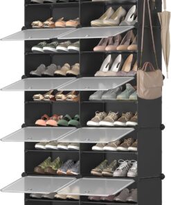 SONGMICS Mueble Zapatero Plástico, 10 Compartimentos para 40 Pares de Zapatos, con Puertas, Estructura de Acero y Estantes de Plástico, Armario para Dormitorio, Negro Tinta y Transparente LPC035B01